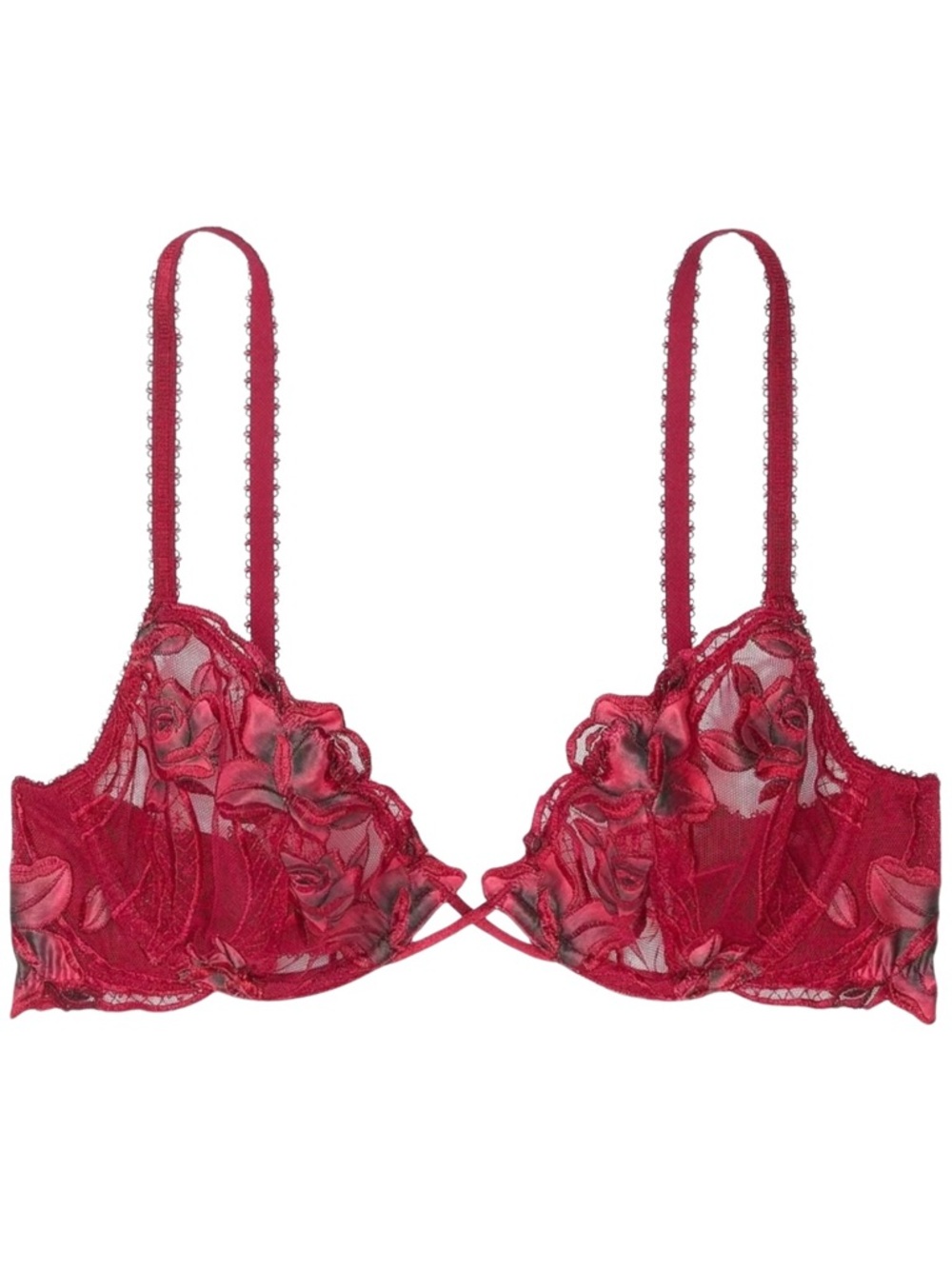 Victoria’s Secret 38DD Red Lacquer Red Rose Embroidery Unlined Low Cut Demi Bra